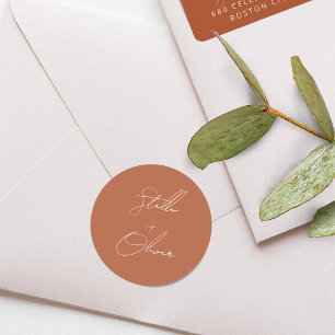 Adesivo Redondo Casamento de Caligrafia Rústica Terracota Elegante