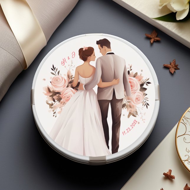 Adesivo Redondo Casamento de Casal Romântico por Aquarela (Watercolor Romantic Couple Wedding Classic Round Sticker)
