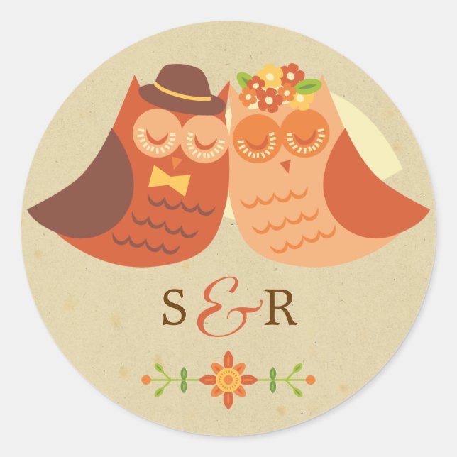 Adesivo Redondo Casamento de Casal Rustic Boho Lovebird Owl (Frente)