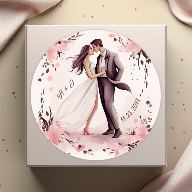 Adesivo Redondo Casamento de Casal único romântico (Romantic Unique Couple Wedding Classic Round Sticker)