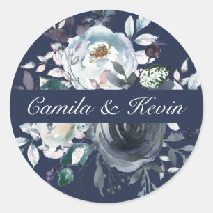 Adesivo Redondo Casamento de Casamento Floral de Marinho Azul de