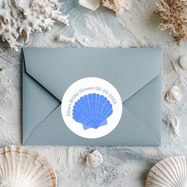 Adesivo Redondo Casamento de Chá de panela PERSONALIZADO com Capas (Blue Seashells CUSTOM Bridal Shower Wedding Classic Round Sticker
)
