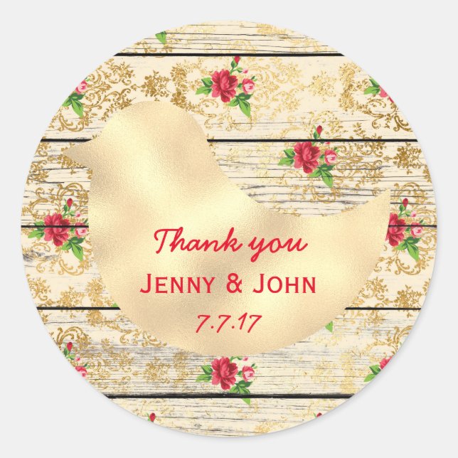 Adesivo Redondo Casamento de Chiques Russos Obrigado Madeira Flora (Frente)