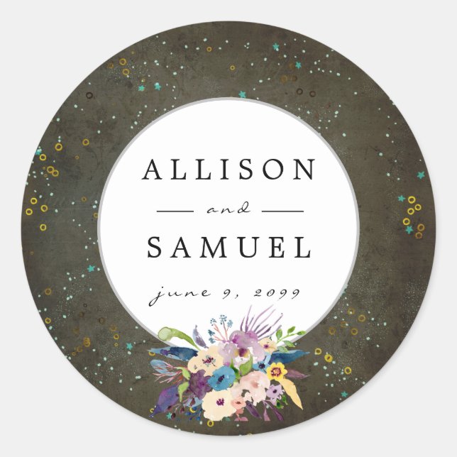 Adesivo Redondo Casamento de Constelação de Estrelas de Prata Dour (Frente)