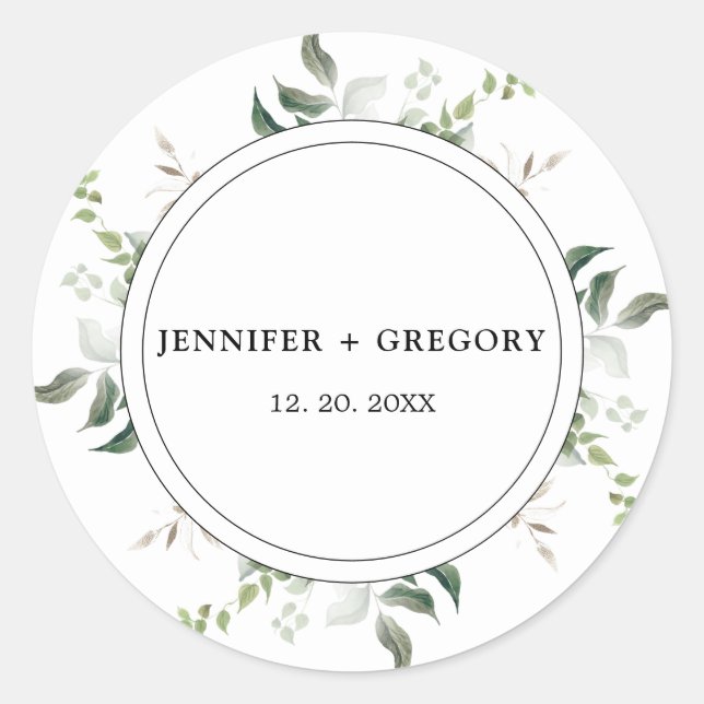 Adesivo Redondo Casamento de Cor de Água Botânica em Verde Branco  (Frente)