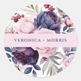 Adesivo Redondo Casamento de cor-de-água floral rosa púrpura