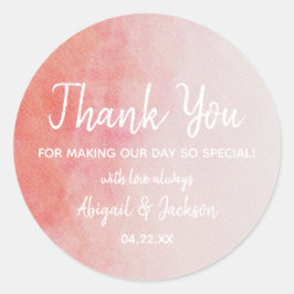 Adesivo Redondo Casamento de Cor de Água Rosa e Pêssego - Obrigado