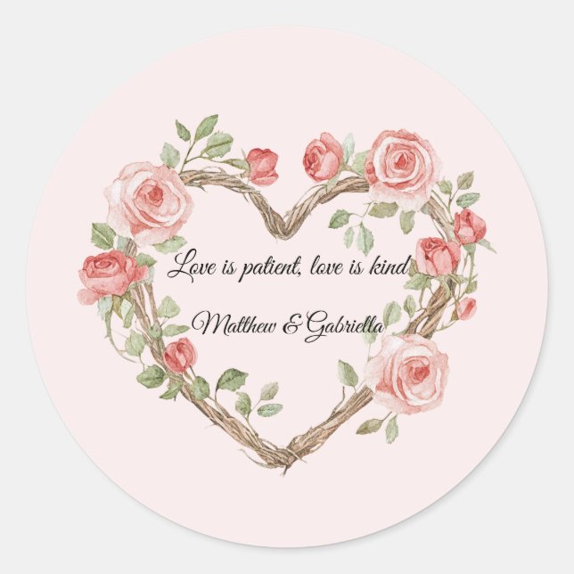 Adesivo Redondo Casamento de Coração Floral de Rosa vermelha Român (Frente)