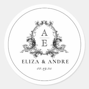 Adesivo Redondo Casamento de Crest do Monograma Branco e Preto