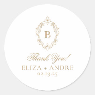 Adesivo Redondo Casamento de Crest Monograma Dourado Elegante