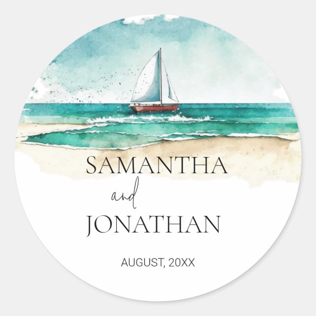 Adesivo Redondo Casamento de cruzeiro de barco a aquarela minimali (Frente)