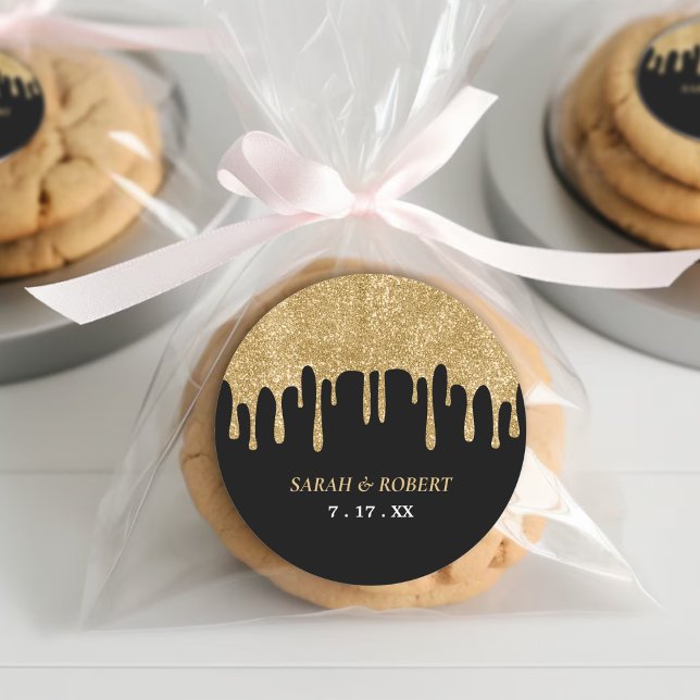 Adesivo Redondo Casamento de Derramamento de Literatura Preta e Do (Black & Gold Glitter Drip Wedding Classic Round Sticker
)