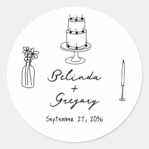 Adesivo Redondo Casamento de Desenhos Negros Desenhados à Mão