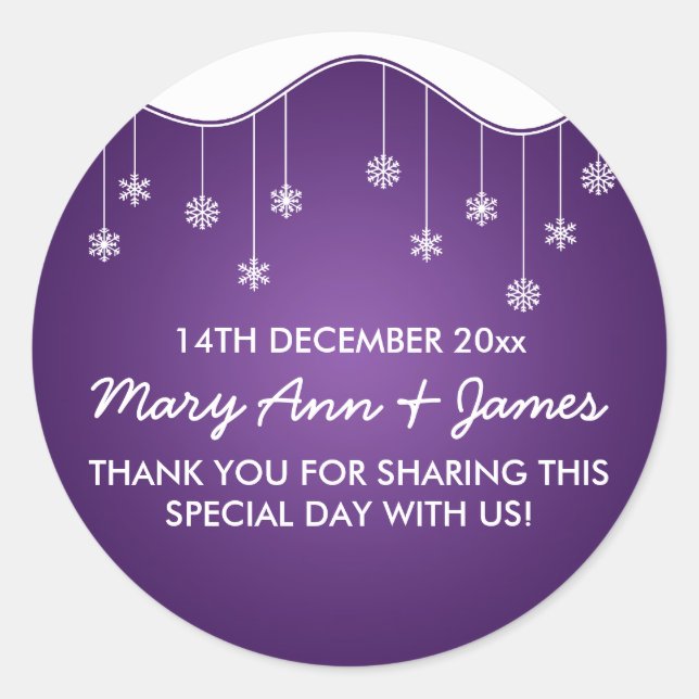 Adesivo Redondo Casamento de Desperdício em Floco de Neve Roxo (Frente)