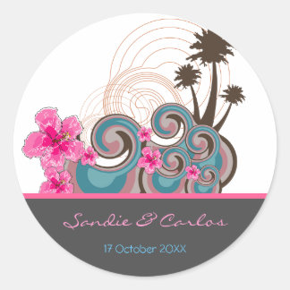 Adesivo Redondo Casamento de Destino de Hibiscus Rosa Ondas Tropic