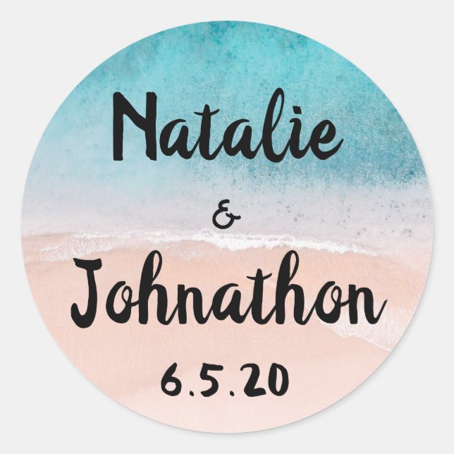 Adesivo Redondo Casamento de Destino de Ocean Beach (Frente)