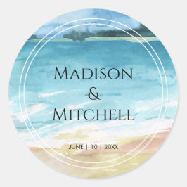 Adesivo Redondo Casamento de Destino do Oceano de Praia Watercolor
