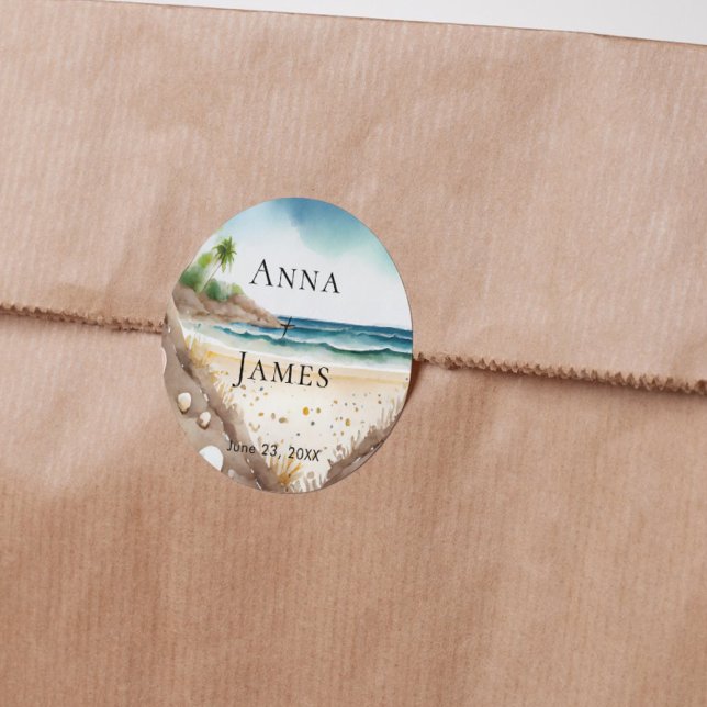 Adesivo Redondo Casamento de Destino Tropical do Oceano de Praia d (Criador carregado)