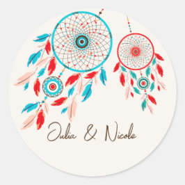 Adesivo Redondo Casamento de Dreamcatcher de pena tribal Boho