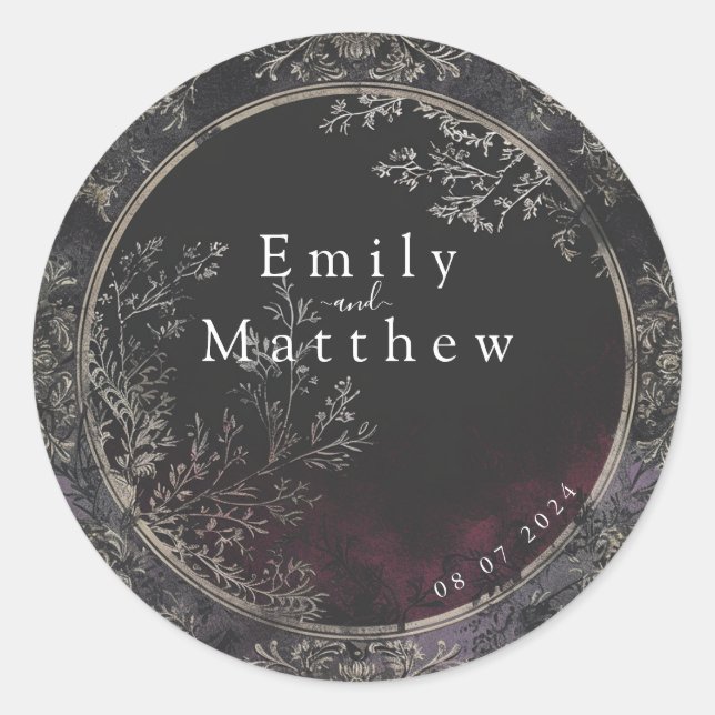 Adesivo Redondo Casamento de Elegância Gótica Vitoriana (Frente)
