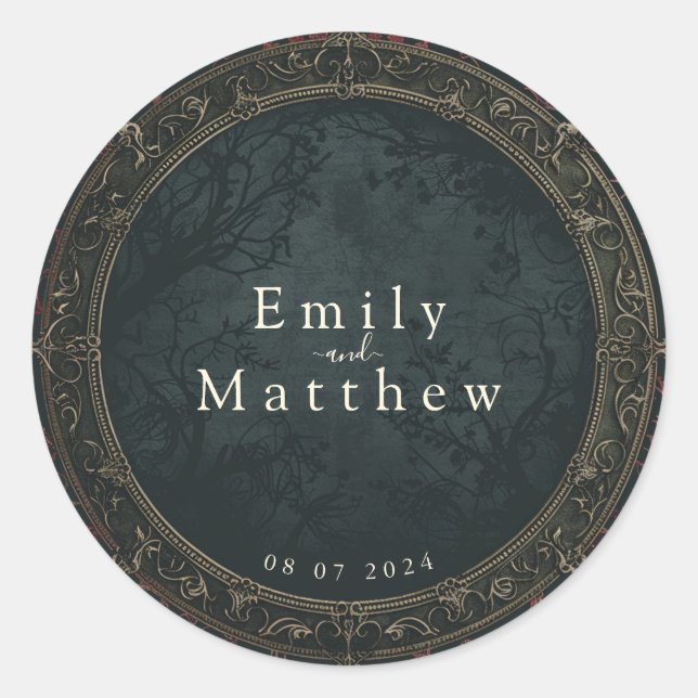 Adesivo Redondo Casamento de Elegância Gótica Vitoriana (Frente)