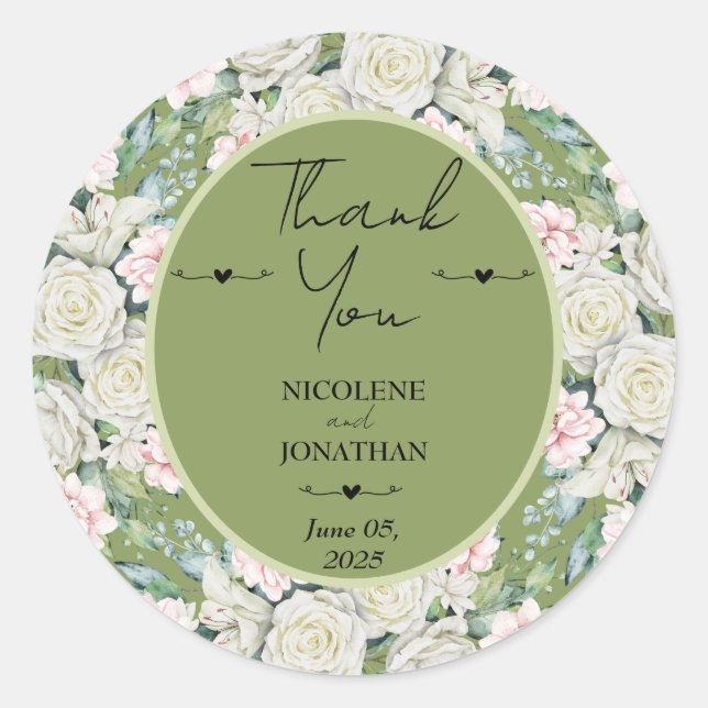 Adesivo Redondo Casamento de Embriões Florais Elegante (Frente)