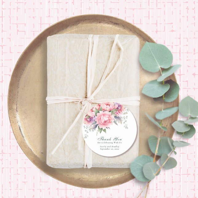 Adesivo Redondo Casamento De Escrita Floral Púrpura Rosa Esbranqui (Criador carregado)