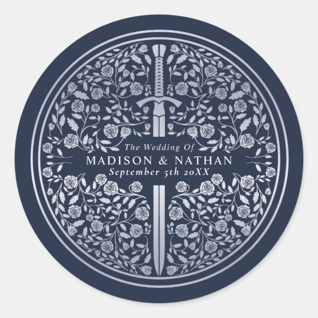 Adesivo Redondo Casamento de Espada Real Medieval Azul Silver (Frente)