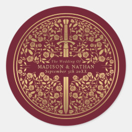 Adesivo Redondo Casamento de Espadas Reais Medievais Vermelhas