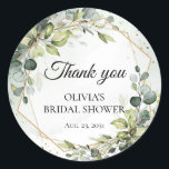 Adesivo Redondo Casamento de eucalipto verde elegante boho aquarel<br><div class="desc">Elegante obrigado de ouro verde de cor d'água do boho,  eucalipto,  seu adesivo redondo clássico. Contacte-me para obter itens correspondentes ou para personalização,  Rosas emborrachados ©</div>