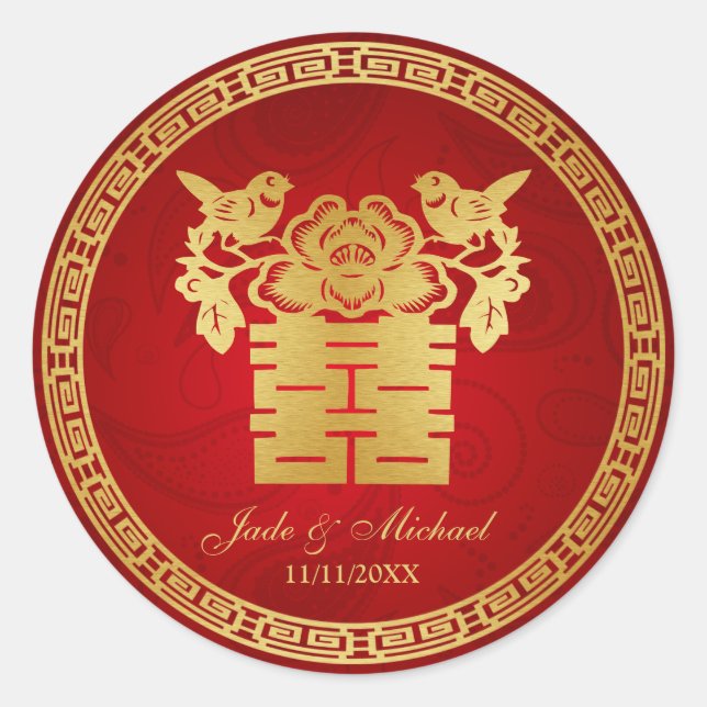 Adesivo Redondo Casamento de Felicidade Dupla do Amor Chinês (Frente)