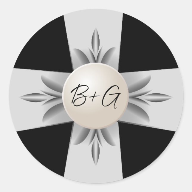 Adesivo Redondo Casamento de Fita de Pérolas de Monograma Branco e (Frente)