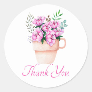 Adesivo Redondo Casamento de Flor de Aquarela Obrigado Floral Rosa
