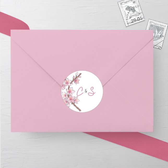 Adesivo Redondo Casamento de Flor de Cereja com Aquicultura (Criador carregado)