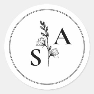 Adesivo Redondo Casamento de flor selvagem Mínimo BW Monograma