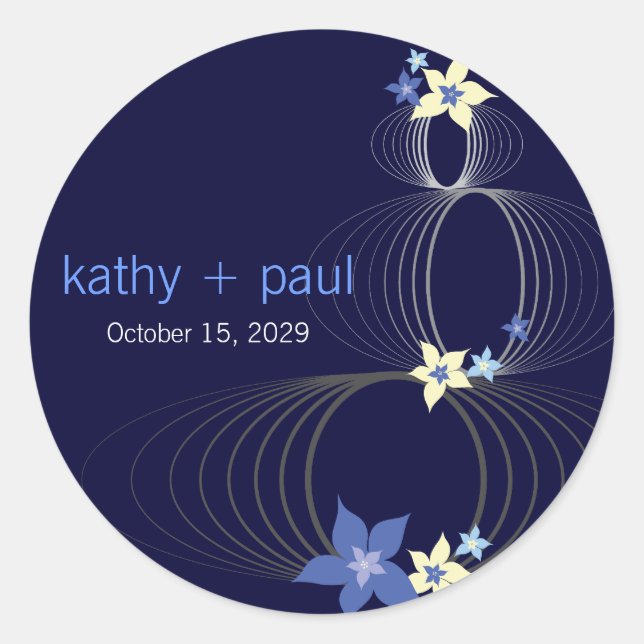 Adesivo Redondo Casamento de Flor Tropical Azul Ikebana Frangipani (Frente)