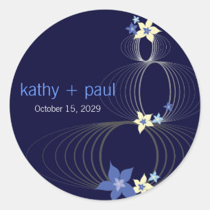 Adesivo Redondo Casamento de Flor Tropical Azul Ikebana Frangipani