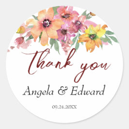 Adesivo Redondo Casamento De Florais Amarelo, Laranja E Rosa
