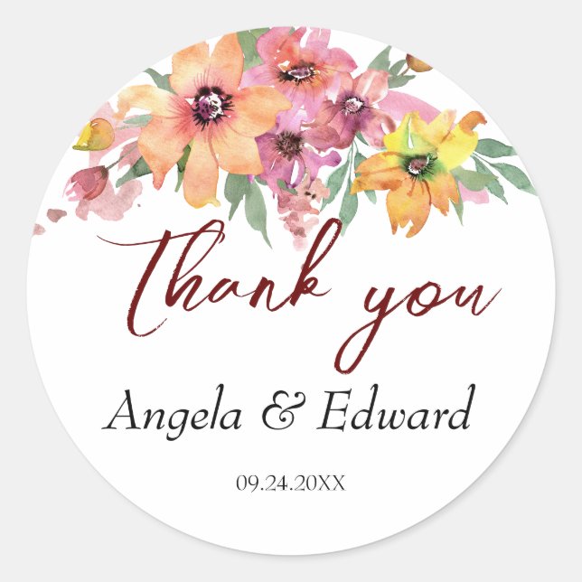 Adesivo Redondo Casamento De Florais Amarelo, Laranja E Rosa (Frente)