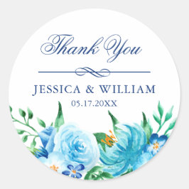 Adesivo Redondo Casamento de Florais Azuis Elegante Obrigado