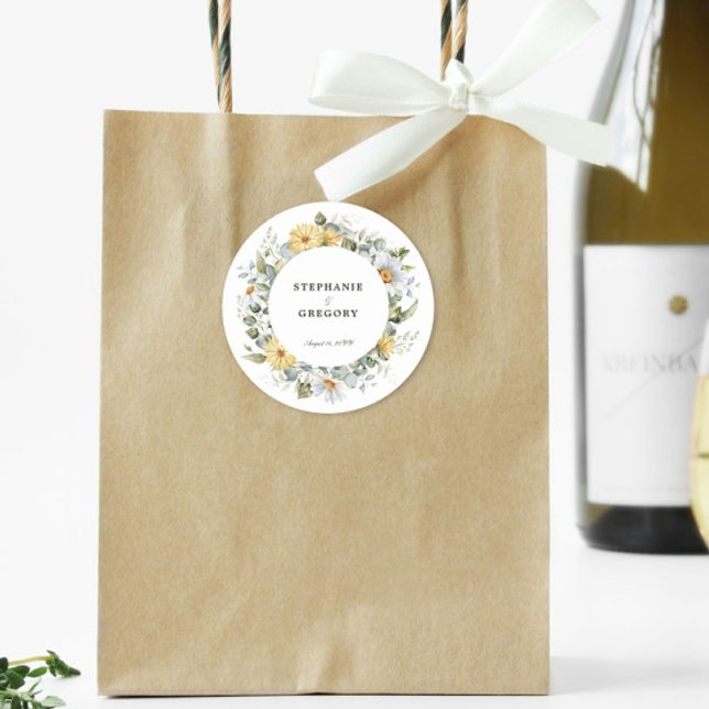 Adesivo Redondo Casamento de Florais Brancos Amarelos (Criador carregado)