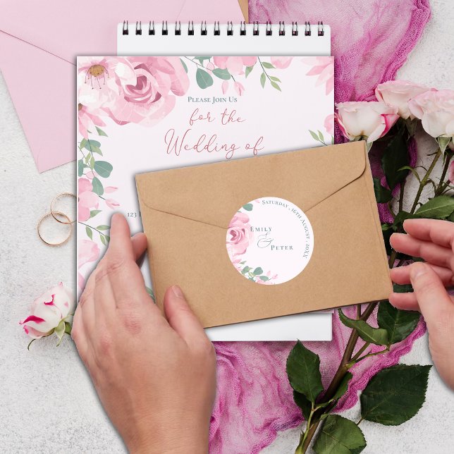 Adesivo Redondo Casamento de Florais Rosa-Rosa-Rosa-Rosa-Bonito Tr (Trendy Elegant Pretty Blush Pink Florals Wedding Classic Round Sticker)