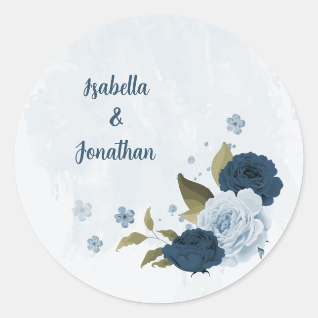 Adesivo Redondo casamento de flores azuis-claras marinhos (Frente)