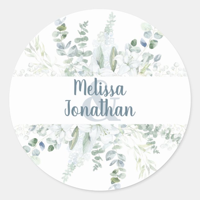 Adesivo Redondo Casamento de flores brancas florais com aquarela r (Frente)
