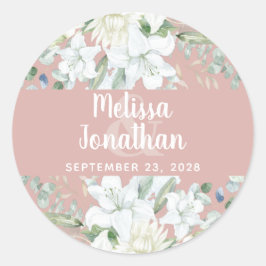 Adesivo Redondo Casamento de flores brancas florais com aquarela r