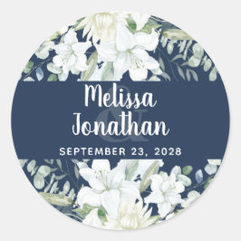 Adesivo Redondo Casamento de flores brancas florais com aquarela r