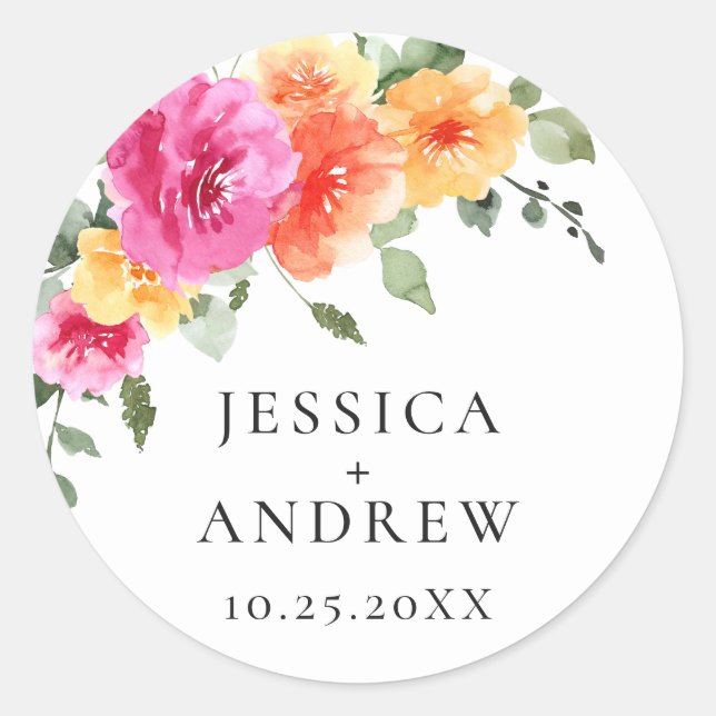 Adesivo Redondo Casamento de Flores Brilhantes de Aquarela Elegant (Frente)