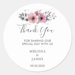 Adesivo Redondo Casamento de flores de aquarela agradecimentos Cla