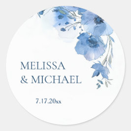 Adesivo Redondo Casamento de Flores de Aquarela Azul