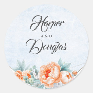 Adesivo Redondo Casamento de Flores de Coral Dusty Blue Watercolor